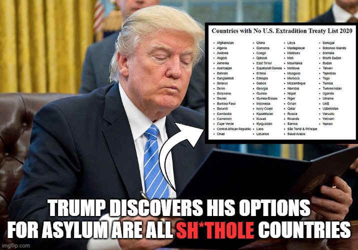 Trump loses his presidential immunity from prosecution at noon, January 20, 2021 | TRUMP DISCOVERS HIS OPTIONS FOR ASYLUM ARE ALL SH*THOLE COUNTRIES; SH*THOLE | image tagged in donald trump you're fired,biggest loser,criminal,indictment,prosecution,asylum | made w/ Imgflip meme maker