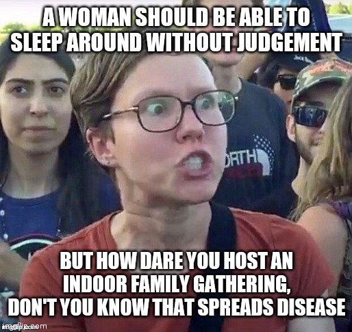 I don't know who spread the lie that men aren't judged, they are | A WOMAN SHOULD BE ABLE TO SLEEP AROUND WITHOUT JUDGEMENT; BUT HOW DARE YOU HOST AN INDOOR FAMILY GATHERING, DON'T YOU KNOW THAT SPREADS DISEASE | image tagged in foggy | made w/ Imgflip meme maker