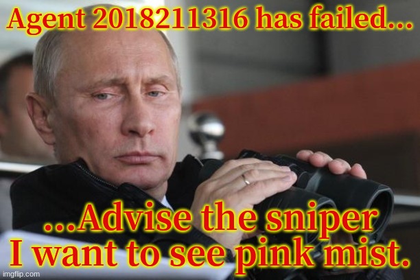 Vladimir Putin | Agent 2018211316 has failed... ...Advise the sniper I want to see pink mist. | image tagged in vladimir putin | made w/ Imgflip meme maker