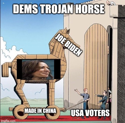 Trojan Horse Politics | DEMS TROJAN HORSE; JOE BIDEN; MADE IN CHINA; USA VOTERS | image tagged in kamala harris,joe biden | made w/ Imgflip meme maker