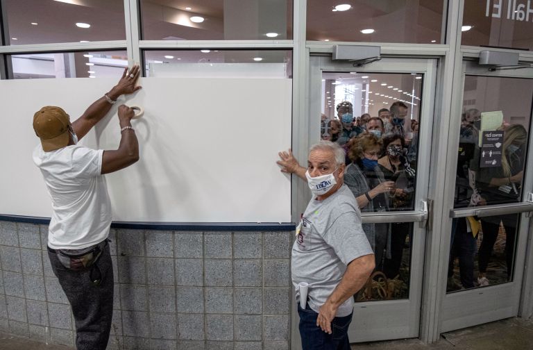 Biden poll workers cover up windows Blank Meme Template