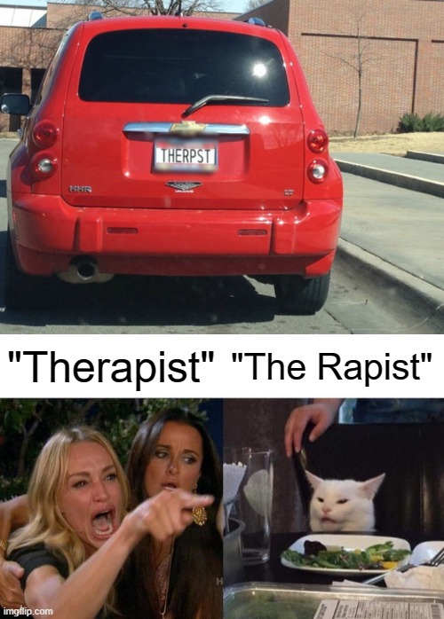 Bad move | "Therapist"; "The Rapist" | image tagged in memes,woman yelling at cat,therapist,rapist | made w/ Imgflip meme maker