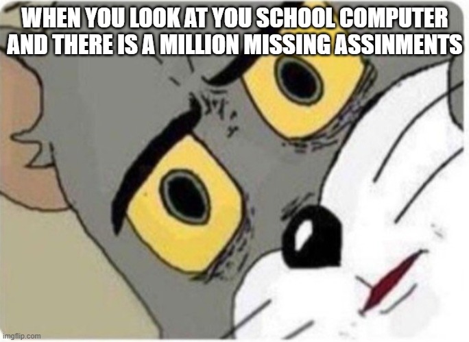 Tom and Jerry meme | WHEN YOU LOOK AT YOU SCHOOL COMPUTER AND THERE IS A MILLION MISSING ASSINMENTS | image tagged in tom and jerry meme | made w/ Imgflip meme maker