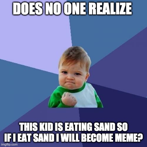 Success Kid |  DOES NO ONE REALIZE; THIS KID IS EATING SAND SO IF I EAT SAND I WILL BECOME MEME? | image tagged in memes,success kid | made w/ Imgflip meme maker