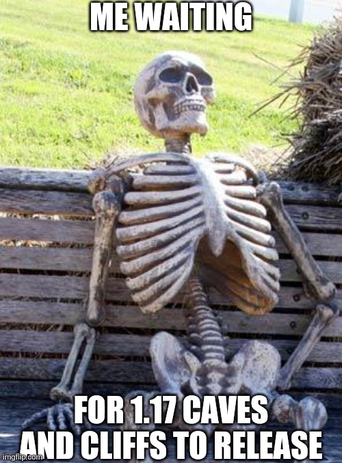 Waiting Skeleton | ME WAITING; FOR 1.17 CAVES AND CLIFFS TO RELEASE | image tagged in memes,waiting skeleton,minecraft | made w/ Imgflip meme maker
