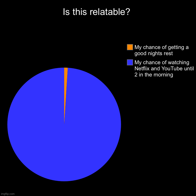 Is this relatable? | My chance of watching Netflix and YouTube until 2 in the morning , My chance of getting a good nights rest | image tagged in charts,pie charts | made w/ Imgflip chart maker