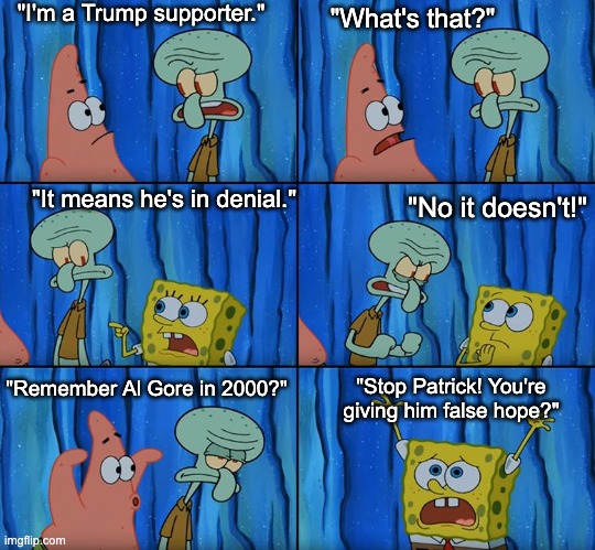 Not enough points left to reach 270. | "I'm a Trump supporter."; "What's that?"; "It means he's in denial."; "No it doesn't!"; "Remember Al Gore in 2000?"; "Stop Patrick! You're giving him false hope?" | image tagged in stop it patrick you're scaring him,donald trump,joe biden,election 2020,kamala harris,al gore | made w/ Imgflip meme maker