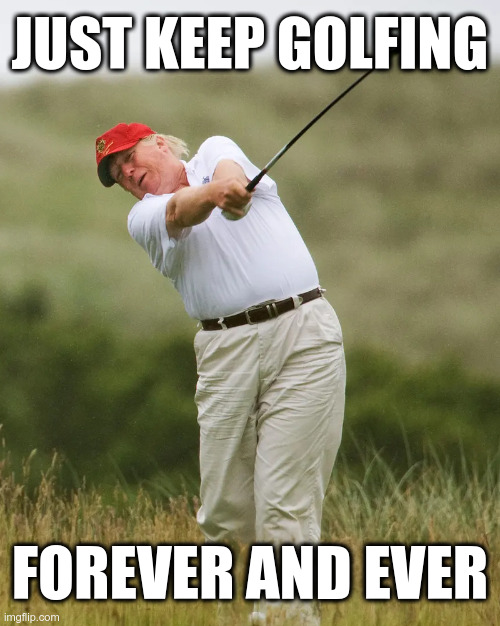 Trump: Just Keep Golfing Forever and Ever | JUST KEEP GOLFING; FOREVER AND EVER | image tagged in trump,golfing | made w/ Imgflip meme maker