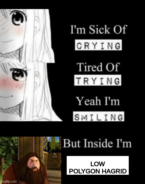 but inside im dying of laughter | LOW POLYGON HAGRID | image tagged in i'm sick of crying | made w/ Imgflip meme maker