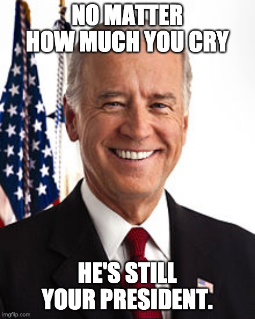 Joe Biden Meme | NO MATTER HOW MUCH YOU CRY HE'S STILL YOUR PRESIDENT. | image tagged in memes,joe biden | made w/ Imgflip meme maker