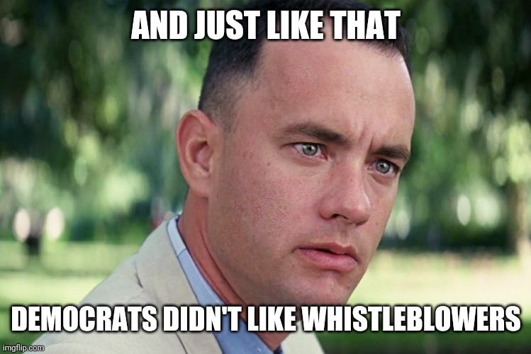 And Just Like That Meme | AND JUST LIKE THAT; DEMOCRATS DIDN'T LIKE WHISTLEBLOWERS | image tagged in memes,and just like that | made w/ Imgflip meme maker