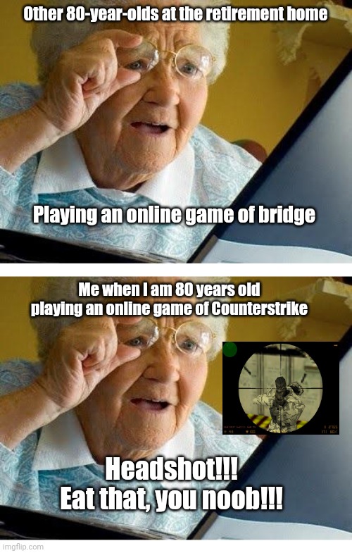 Old lady playing counterstrike | Other 80-year-olds at the retirement home; Playing an online game of bridge; Me when I am 80 years old playing an online game of Counterstrike; Headshot!!! Eat that, you noob!!! | image tagged in old lady at computer | made w/ Imgflip meme maker