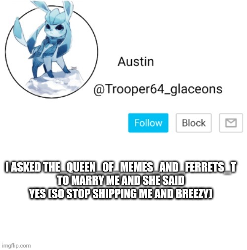 Glaceon announcement | I ASKED THE_QUEEN_OF_MEMES_AND_FERRETS_T TO MARRY ME AND SHE SAID YES (SO STOP SHIPPING ME AND BREEZY) | image tagged in glaceon announcement | made w/ Imgflip meme maker