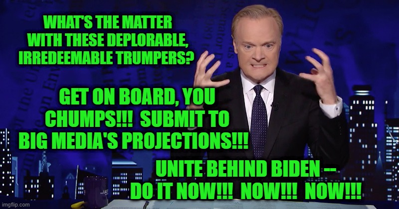 Submit Now -- Resistance is Futile | WHAT'S THE MATTER WITH THESE DEPLORABLE, IRREDEEMABLE TRUMPERS? GET ON BOARD, YOU CHUMPS!!!  SUBMIT TO BIG MEDIA'S PROJECTIONS!!! UNITE BEHIND BIDEN -- DO IT NOW!!!  NOW!!!  NOW!!! | image tagged in joe biden,election 2020,mainstream media | made w/ Imgflip meme maker