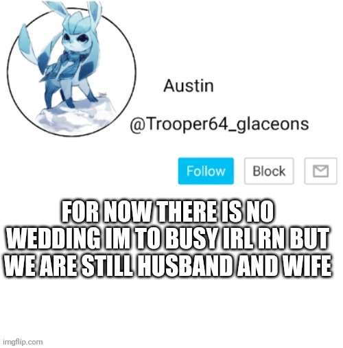 Glaceon announcement | FOR NOW THERE IS NO WEDDING IM TO BUSY IRL RN BUT WE ARE STILL HUSBAND AND WIFE | image tagged in glaceon announcement | made w/ Imgflip meme maker