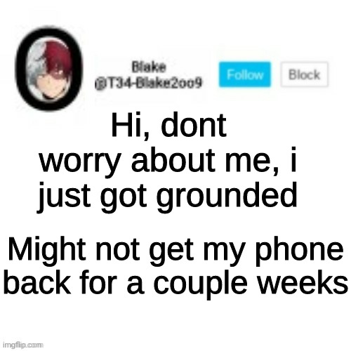 :p | Hi, dont worry about me, i just got grounded; Might not get my phone back for a couple weeks | image tagged in blake2oo9 anouncement template | made w/ Imgflip meme maker