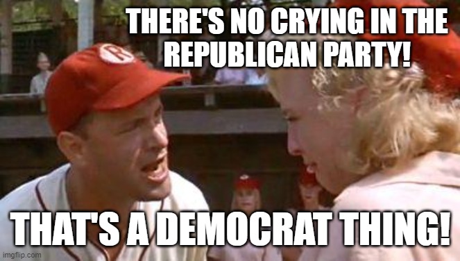 There's No Crying In Baseball | THERE'S NO CRYING IN THE
REPUBLICAN PARTY! THAT'S A DEMOCRAT THING! | image tagged in there's no crying in baseball | made w/ Imgflip meme maker