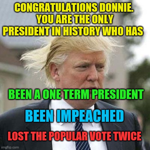 All in one presidency. Bravooo | CONGRATULATIONS DONNIE. 
YOU ARE THE ONLY PRESIDENT IN HISTORY WHO HAS; BEEN A ONE TERM PRESIDENT; BEEN IMPEACHED; LOST THE POPULAR VOTE TWICE | image tagged in memes,donald trump,loser | made w/ Imgflip meme maker