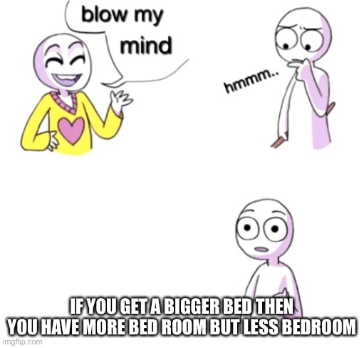 Blow my mind | IF YOU GET A BIGGER BED THEN YOU HAVE MORE BED ROOM BUT LESS BEDROOM | image tagged in blow my mind | made w/ Imgflip meme maker