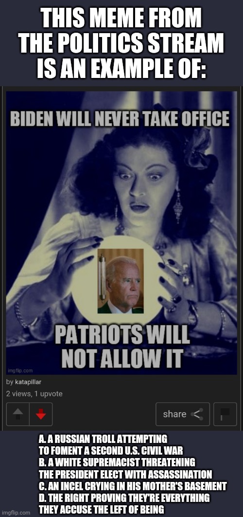THIS MEME FROM THE POLITICS STREAM IS AN EXAMPLE OF:; A. A RUSSIAN TROLL ATTEMPTING TO FOMENT A SECOND U.S. CIVIL WAR
B. A WHITE SUPREMACIST THREATENING THE PRESIDENT ELECT WITH ASSASSINATION
C. AN INCEL CRYING IN HIS MOTHER'S BASEMENT
D. THE RIGHT PROVING THEY'RE EVERYTHING
THEY ACCUSE THE LEFT OF BEING | made w/ Imgflip meme maker