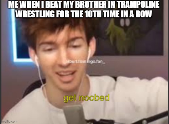 basically you fight on a trampoline | ME WHEN I BEAT MY BROTHER IN TRAMPOLINE WRESTLING FOR THE 10TH TIME IN A ROW | image tagged in albert get noobed | made w/ Imgflip meme maker