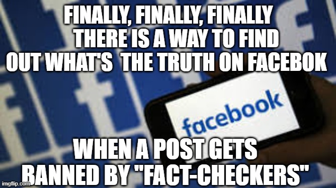 Facebook "Truth" is fiction | FINALLY, FINALLY, FINALLY     THERE IS A WAY TO FIND OUT WHAT'S  THE TRUTH ON FACEBOK; WHEN A POST GETS BANNED BY "FACT-CHECKERS" | image tagged in facebook,fake news | made w/ Imgflip meme maker