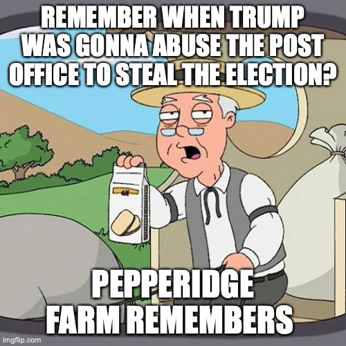 Pepperidge Farm Remembers | REMEMBER WHEN TRUMP WAS GONNA ABUSE THE POST OFFICE TO STEAL THE ELECTION? PEPPERIDGE FARM REMEMBERS | image tagged in memes,pepperidge farm remembers | made w/ Imgflip meme maker