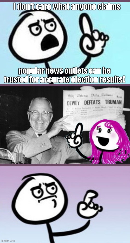 Historically "reliable" mainstream news election claims | I don't care what anyone claims; popular news outlets can be trusted for accurate election results! | image tagged in election 2020,dimocrats,chicago daily tribune reports dewey defeats truman,mainstream media,false narratives,biden supporters | made w/ Imgflip meme maker