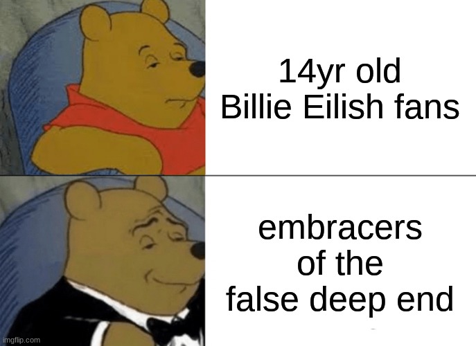 this is deep | 14yr old Billie Eilish fans; embracers of the false deep end | image tagged in memes,tuxedo winnie the pooh | made w/ Imgflip meme maker