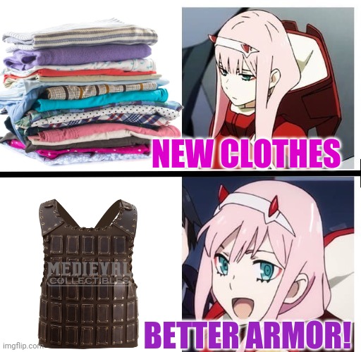 Zero two at the mall! | NEW CLOTHES; BETTER ARMOR! | image tagged in zero two meme,new,clothes,heavy armor,anime girl,shopping | made w/ Imgflip meme maker