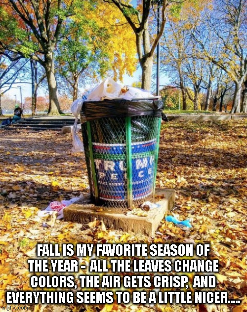 The Fall of Trump | FALL IS MY FAVORITE SEASON OF THE YEAR -  ALL THE LEAVES CHANGE COLORS, THE AIR GETS CRISP,  AND EVERYTHING SEEMS TO BE A LITTLE NICER..... | image tagged in trump trashcan,donald trump | made w/ Imgflip meme maker