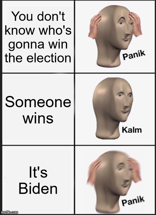 Panik Kalm Panik Meme | You don't know who's gonna win the election; Someone wins; It's Biden | image tagged in memes,panik kalm panik | made w/ Imgflip meme maker