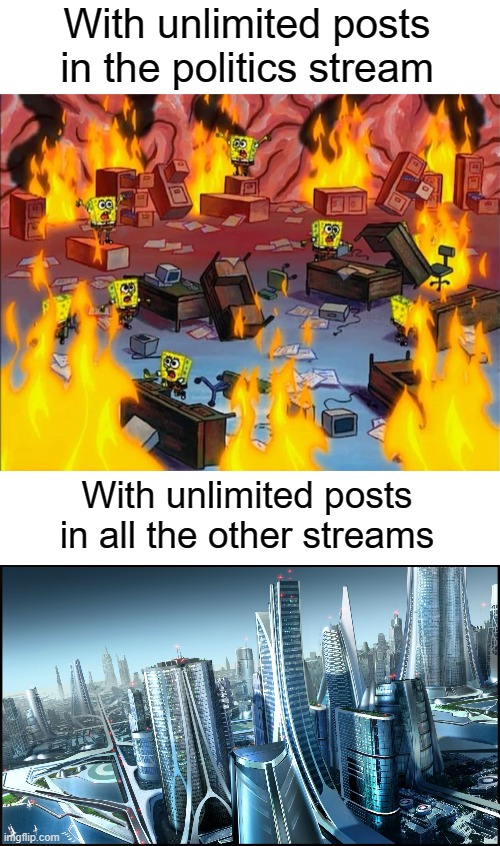 With unlimited posts in the politics stream With unlimited posts in all the other streams | image tagged in spongebob fire,this is society if | made w/ Imgflip meme maker