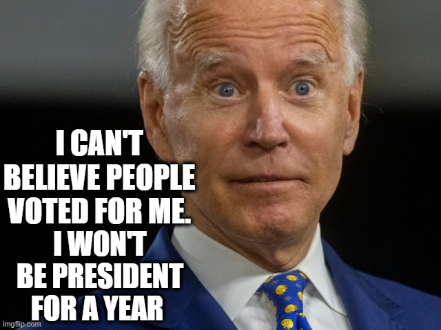 Joe Biden | I CAN'T BELIEVE PEOPLE VOTED FOR ME. I WON'T BE PRESIDENT FOR A YEAR | image tagged in joe biden | made w/ Imgflip meme maker