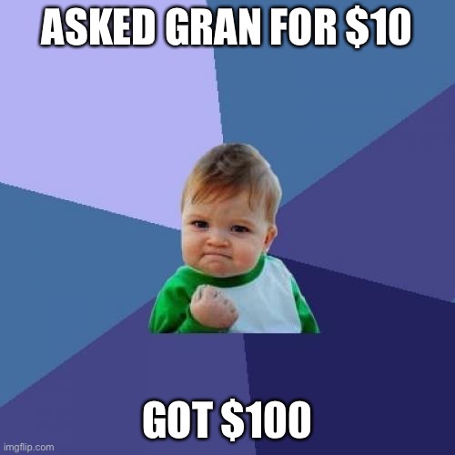 Success Kid | ASKED GRAN FOR $10; GOT $100 | image tagged in memes,success kid | made w/ Imgflip meme maker
