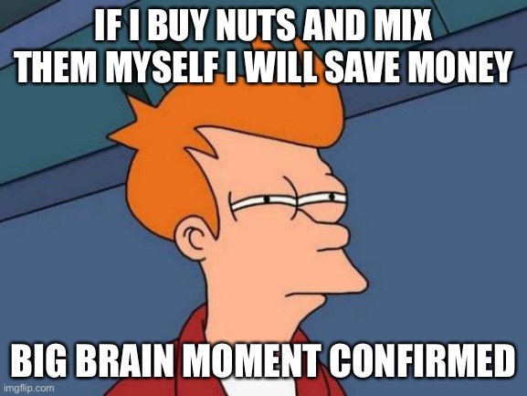 Futurama Fry Meme | IF I BUY NUTS AND MIX THEM MYSELF I WILL SAVE MONEY; BIG BRAIN MOMENT CONFIRMED | image tagged in memes,futurama fry | made w/ Imgflip meme maker