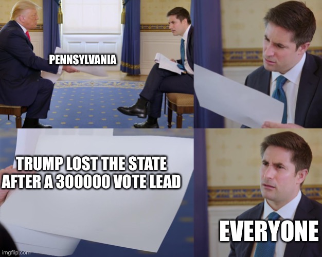 Trump interview | PENNSYLVANIA; TRUMP LOST THE STATE AFTER A 300000 VOTE LEAD; EVERYONE | image tagged in trump interview | made w/ Imgflip meme maker