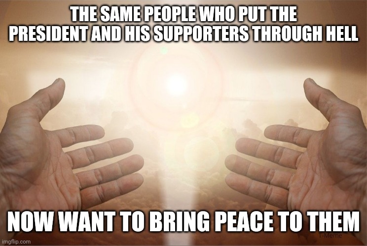 Democratic false hope | THE SAME PEOPLE WHO PUT THE PRESIDENT AND HIS SUPPORTERS THROUGH HELL; NOW WANT TO BRING PEACE TO THEM | image tagged in republican | made w/ Imgflip meme maker