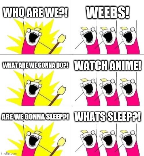 WHO ARE WE?! WEEBSSSS! |  WHO ARE WE?! WEEBS! WHAT ARE WE GONNA DO?! WATCH ANIME! ARE WE GONNA SLEEP?! WHATS SLEEP?! | image tagged in memes,what do we want 3 | made w/ Imgflip meme maker