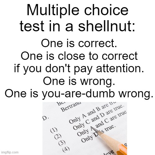 Blank (square) | Multiple choice test in a shellnut:; One is correct.
One is close to correct if you don't pay attention.
One is wrong.
One is you-are-dumb wrong. | image tagged in blank square | made w/ Imgflip meme maker