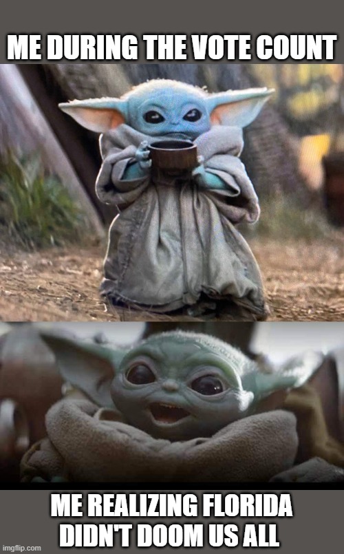 baby yoda election meme | ME DURING THE VOTE COUNT; ME REALIZING FLORIDA DIDN'T DOOM US ALL | image tagged in baby yoda,election 2020,florida,meanwhile in florida,anxiety | made w/ Imgflip meme maker