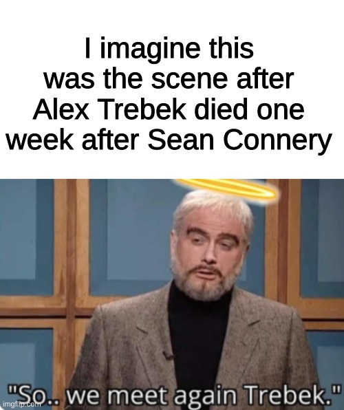 R.I.P. both of them |  I imagine this was the scene after Alex Trebek died one week after Sean Connery | image tagged in blank white template,funny,memes,funny memes,alex trebek,sean connery | made w/ Imgflip meme maker
