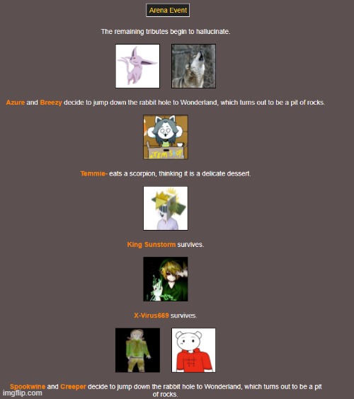 Day 2 (arena 1) | image tagged in hunger games | made w/ Imgflip meme maker