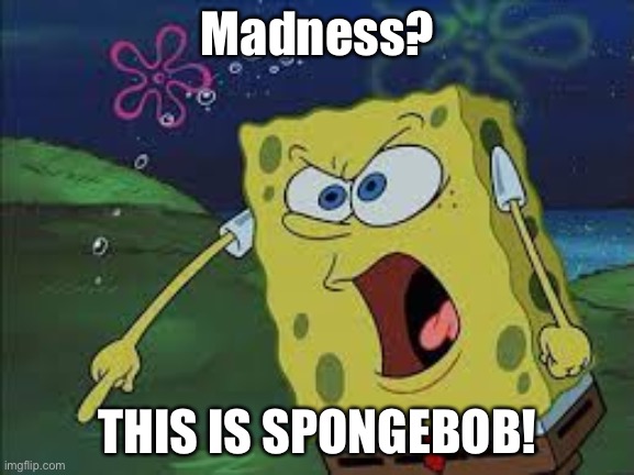 spongebob rage | Madness? THIS IS SPONGEBOB! | image tagged in spongebob rage,this is sparta | made w/ Imgflip meme maker