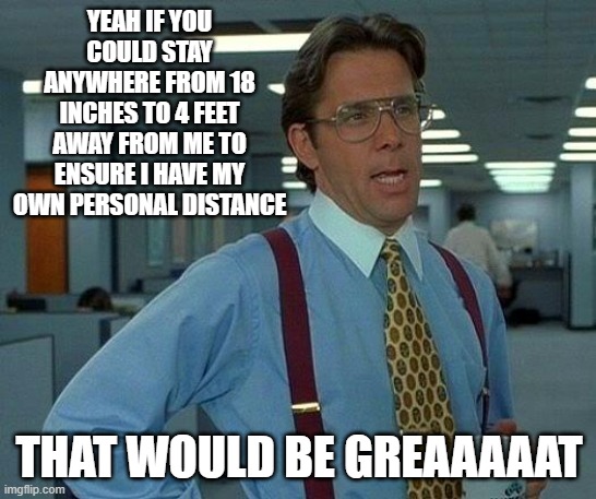 That Would Be Great | YEAH IF YOU COULD STAY ANYWHERE FROM 18 INCHES TO 4 FEET AWAY FROM ME TO ENSURE I HAVE MY OWN PERSONAL DISTANCE; THAT WOULD BE GREAAAAAT | image tagged in memes,that would be great | made w/ Imgflip meme maker