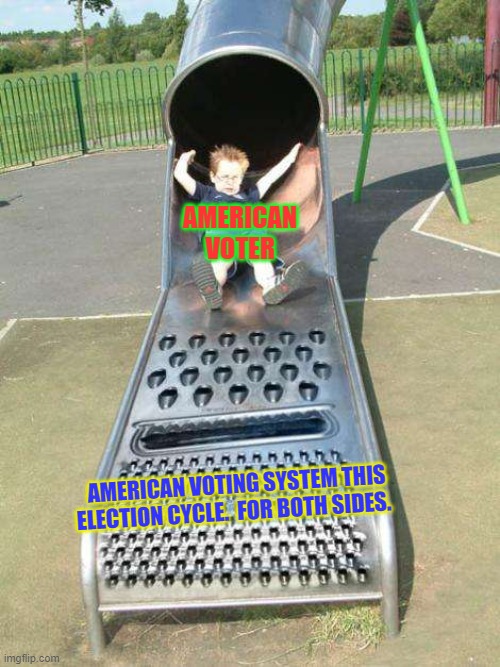 Like picking one bad cheese over another. | AMERICAN VOTER; AMERICAN VOTING SYSTEM THIS ELECTION CYCLE.  FOR BOTH SIDES. | image tagged in cheese grater slide | made w/ Imgflip meme maker