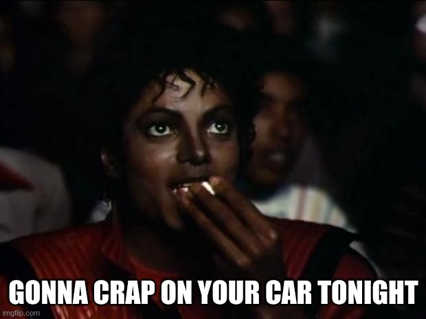 Michael Jackson Popcorn Meme | GONNA CRAP ON YOUR CAR TONIGHT | image tagged in memes,michael jackson popcorn | made w/ Imgflip meme maker