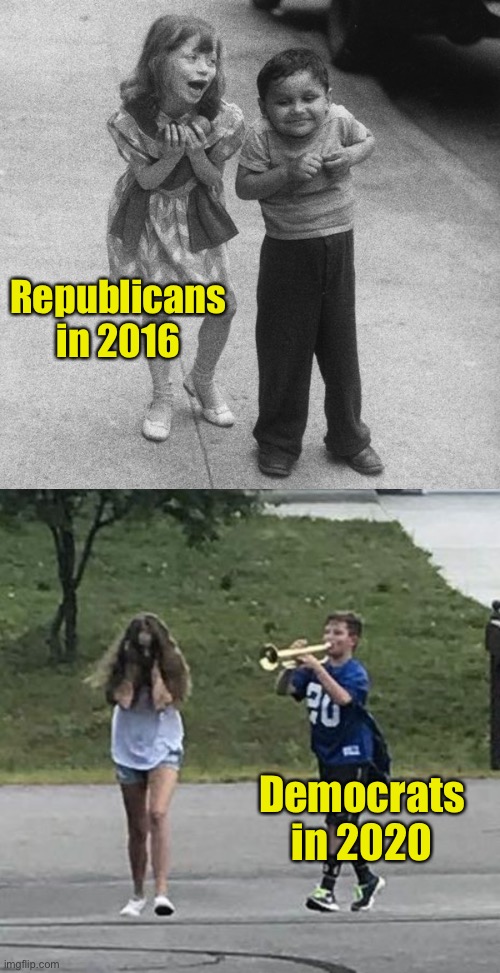 Funny how it was hateful to gloat about the winner 4 years ago but nothing wrong with doing it now | Republicans in 2016; Democrats in 2020 | image tagged in two children teasing,trumpet boy,liberal hypocrisy | made w/ Imgflip meme maker