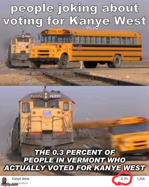 ＷＨＥＥＺＥ | people joking about voting for Kanye West; THE 0.3 PERCENT OF PEOPLE IN VERMONT WHO ACTUALLY VOTED FOR KANYE WEST | image tagged in a train hitting a school bus | made w/ Imgflip meme maker