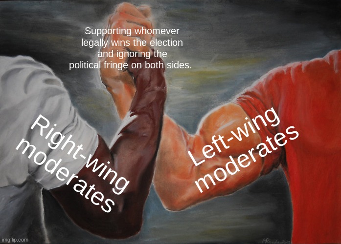 Can't we be civil about this? | Supporting whomever legally wins the election and ignoring the political fringe on both sides. Left-wing moderates; Right-wing moderates | image tagged in memes,epic handshake | made w/ Imgflip meme maker